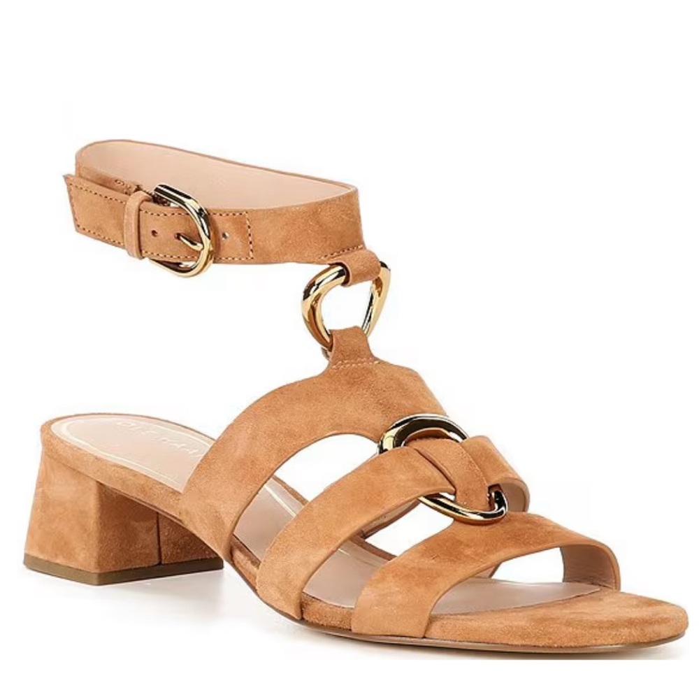 Cole Haan Elegant Tan Suede Sandals with Gold Details
